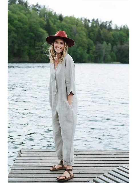 Vintage Solid Color Women's jumpsuit Casual 3/4 Sleeve Linen Cotton Harajuku Plus Size Y2K Women's jumpsuit 2023 Summer