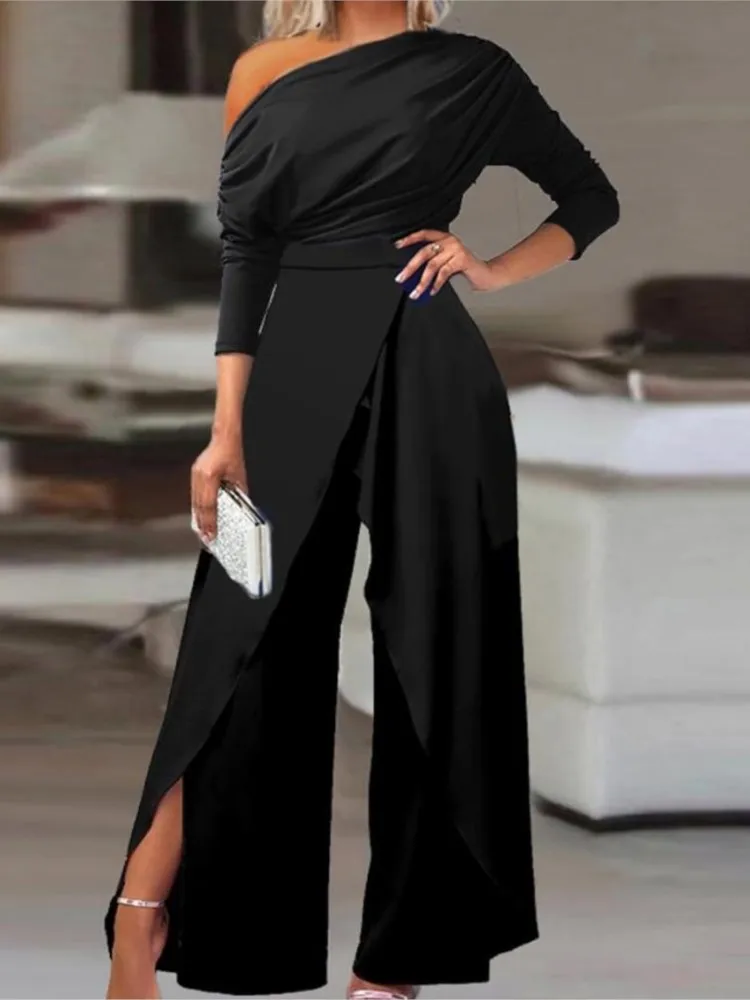 Elegant Jumpsuits for Women Spring New Sexy Slit Ruched Cold Shoulder Wide Leg Jumpsuit Office Lady Party Black Jumpsuit