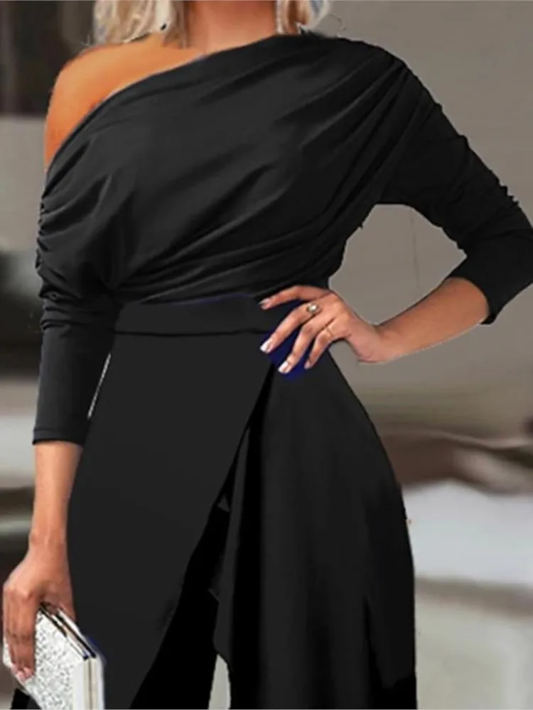 Elegant Jumpsuits for Women Spring New Sexy Slit Ruched Cold Shoulder Wide Leg Jumpsuit Office Lady Party Black Jumpsuit