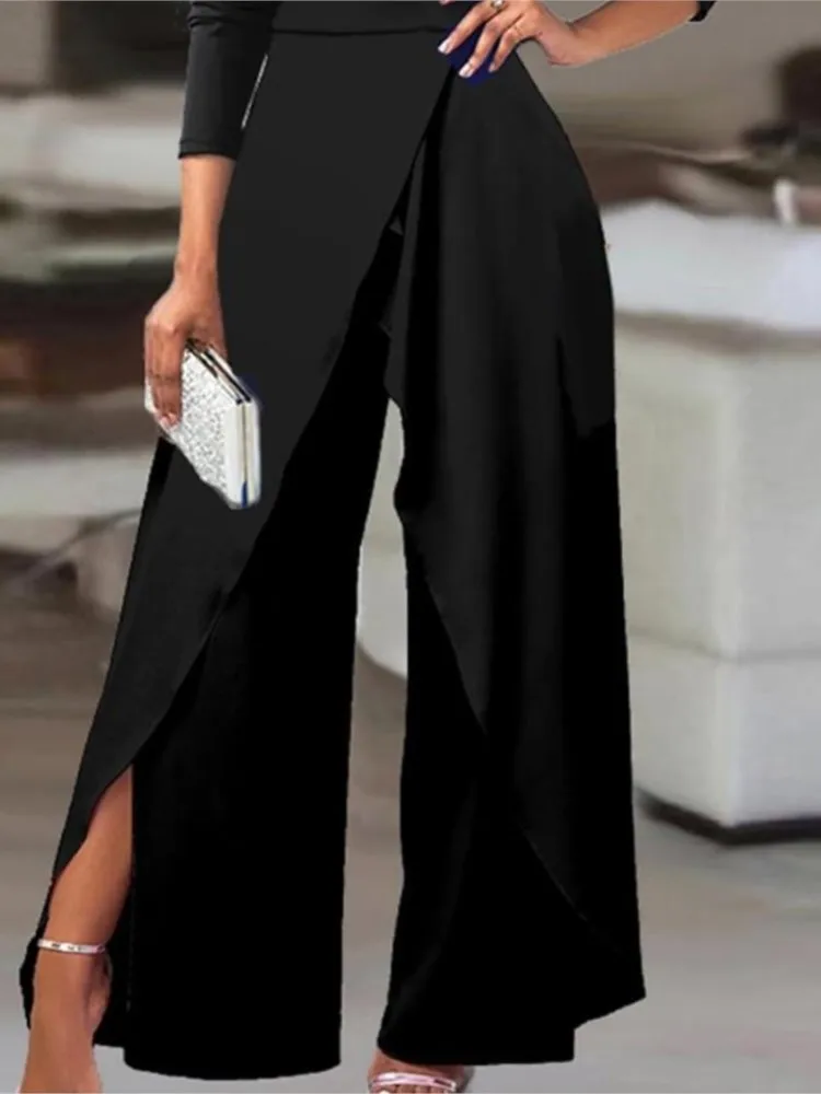 Elegant Jumpsuits for Women Spring New Sexy Slit Ruched Cold Shoulder Wide Leg Jumpsuit Office Lady Party Black Jumpsuit