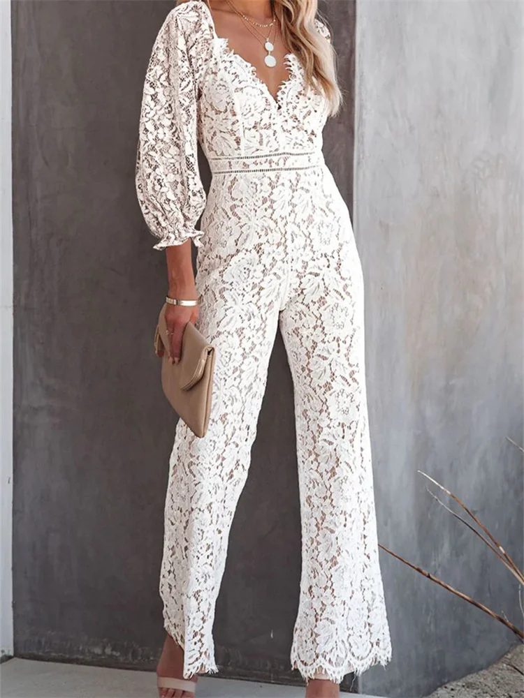 Elegant Women Lace Wide Leg Pants Jumpsuits Solid Color Long Sleeve High Waist V Neck Floral Rompers Streetwear