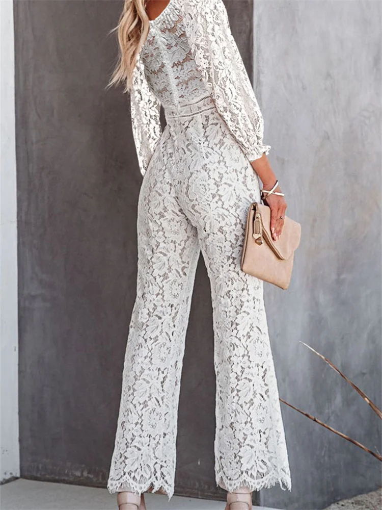 Elegant Women Lace Wide Leg Pants Jumpsuits Solid Color Long Sleeve High Waist V Neck Floral Rompers Streetwear