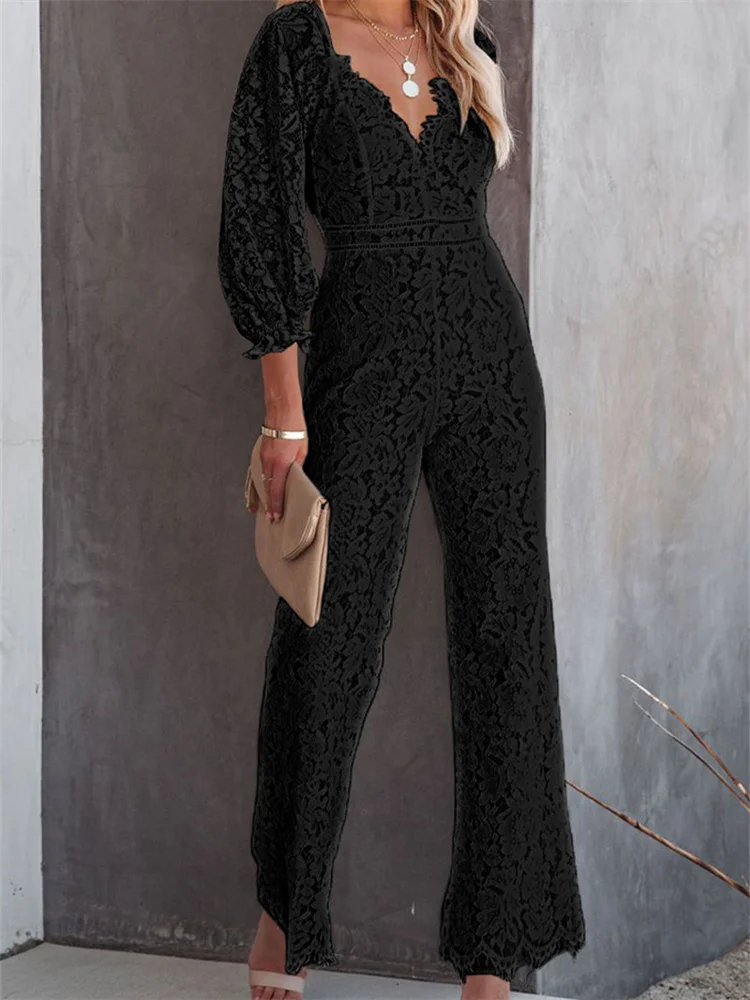 Elegant Women Lace Wide Leg Pants Jumpsuits Solid Color Long Sleeve High Waist V Neck Floral Rompers Streetwear