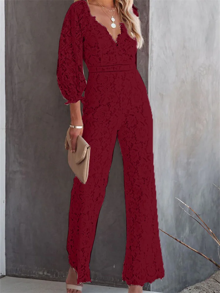 Elegant Women Lace Wide Leg Pants Jumpsuits Solid Color Long Sleeve High Waist V Neck Floral Rompers Streetwear