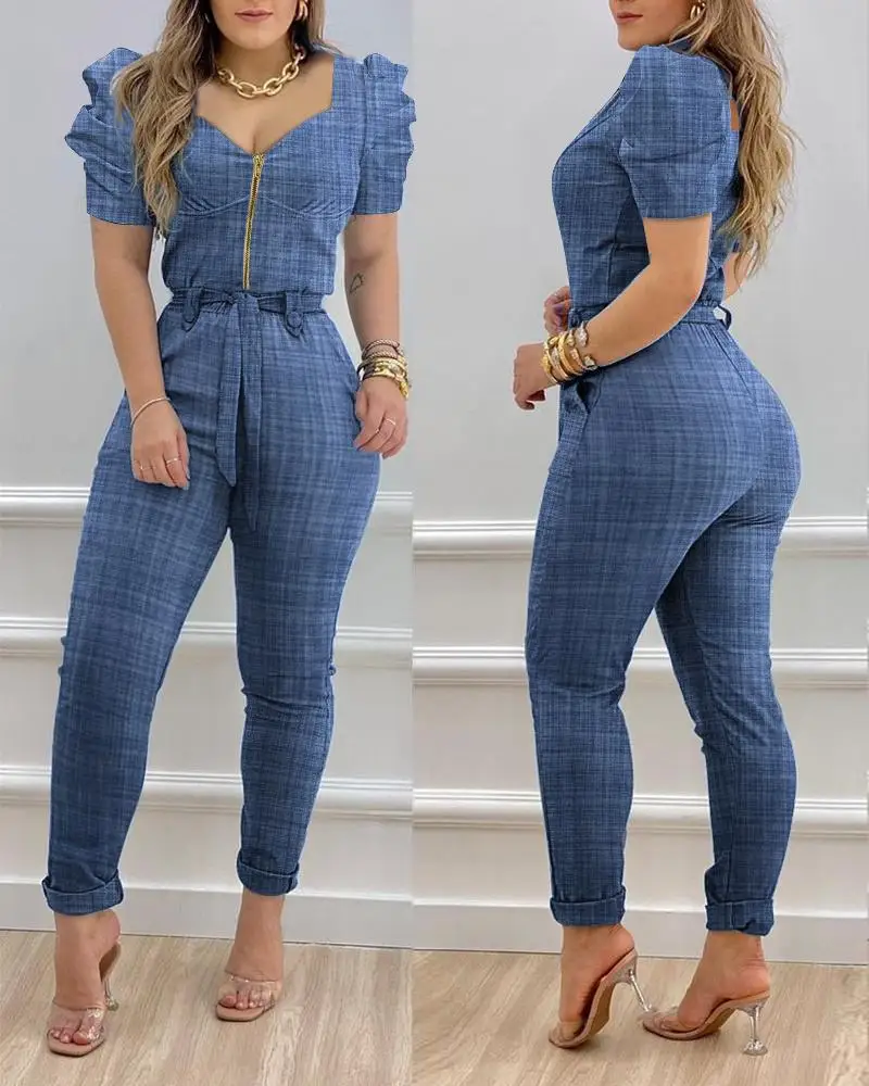 Summer Casual Women's Jumpsuit Puff Sleeve Zipper Front Belted Jumpsuit