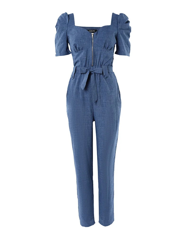 Summer Casual Women's Jumpsuit Puff Sleeve Zipper Front Belted Jumpsuit