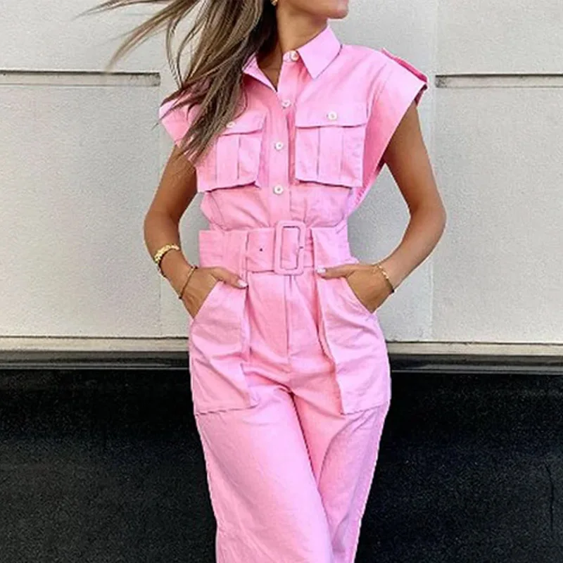 Wefads Women Jumpsuit Fashion Solid Lapel Single Breasted Button Short Sleeve Nipped Waist Wide Legs Loose Pant Romper With Belt