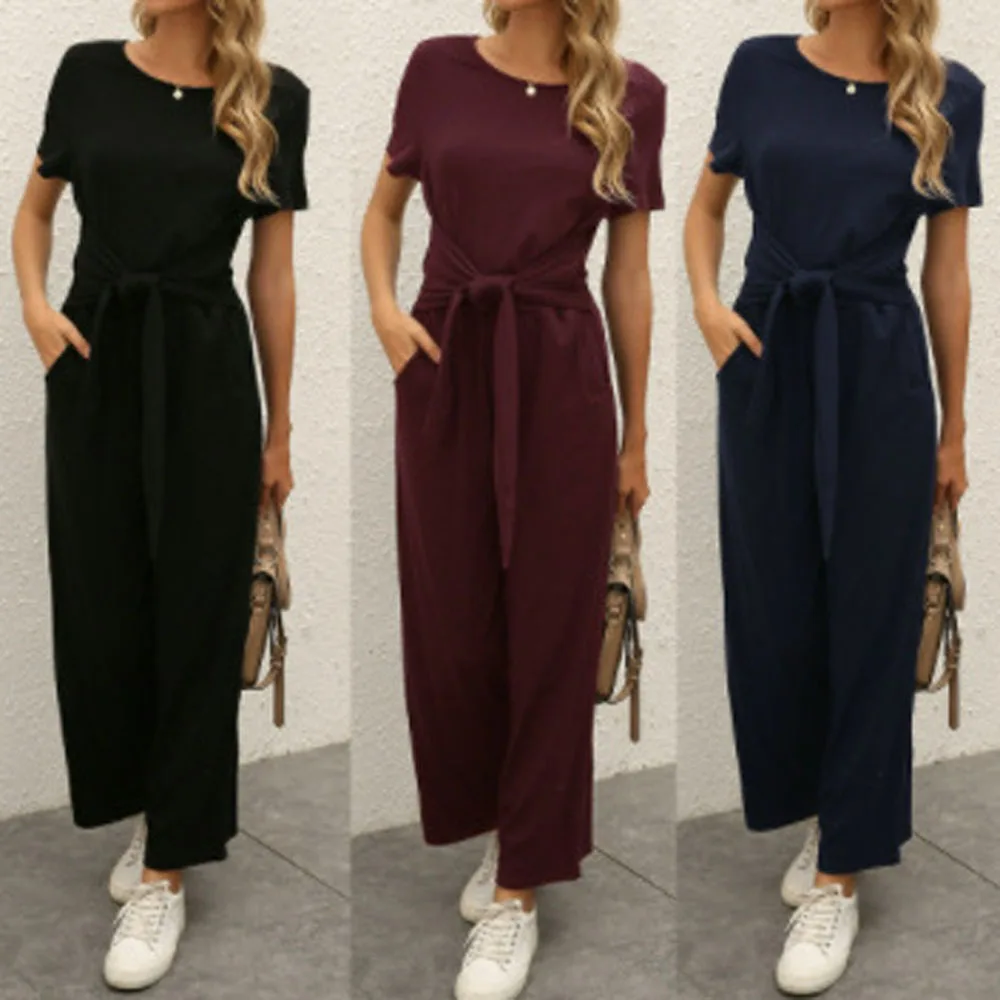 Summer O-Neck Short Sleeve Pocket Jumpsuits Women Fashion Tunic Solid Wide Leg Full Pant Overalls FYY-10732