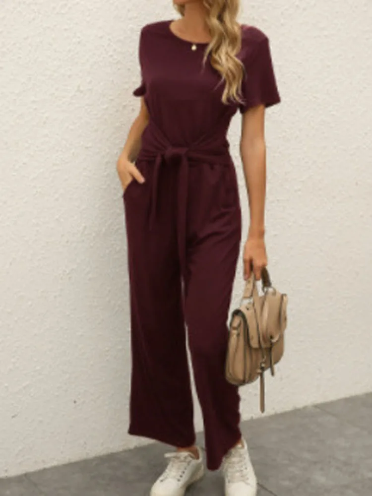 Summer O-Neck Short Sleeve Pocket Jumpsuits Women Fashion Tunic Solid Wide Leg Full Pant Overalls FYY-10732