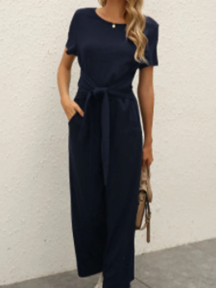 Summer O-Neck Short Sleeve Pocket Jumpsuits Women Fashion Tunic Solid Wide Leg Full Pant Overalls FYY-10732