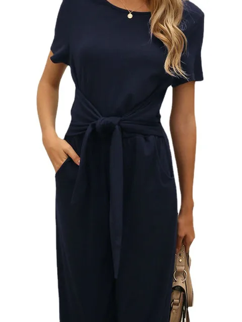 Summer O-Neck Short Sleeve Pocket Jumpsuits Women Fashion Tunic Solid Wide Leg Full Pant Overalls FYY-10732