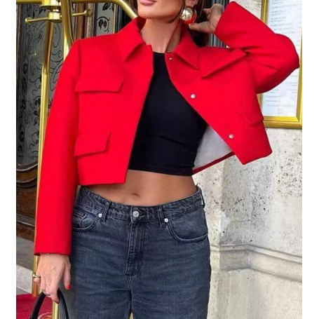 Women Stylish Red Cropped Jacket Four Flap Pockets Collar Button Closure Blazer Fashion Outwear