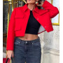 Women Stylish Red Cropped Jacket Four Flap Pockets Collar Button Closure Blazer Fashion Outwear
