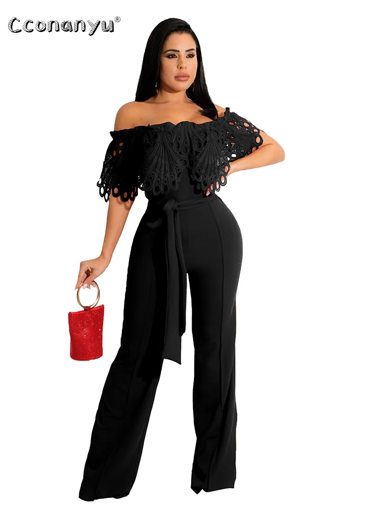 Summer Ruffled Collar Long Pants One Piece Black One Piece Jumpsuit Elegance Casual Wide Leg Rompers Overalls for Women 2022