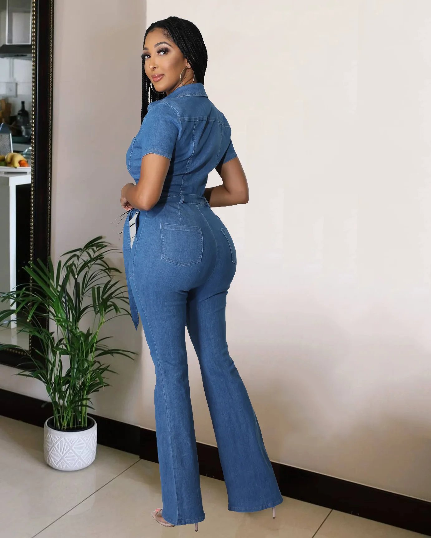 Wide Leg Denim Jumpsuit Sexy Women Turn Down Collar Elegant  Jeans Casual Romper Overalls