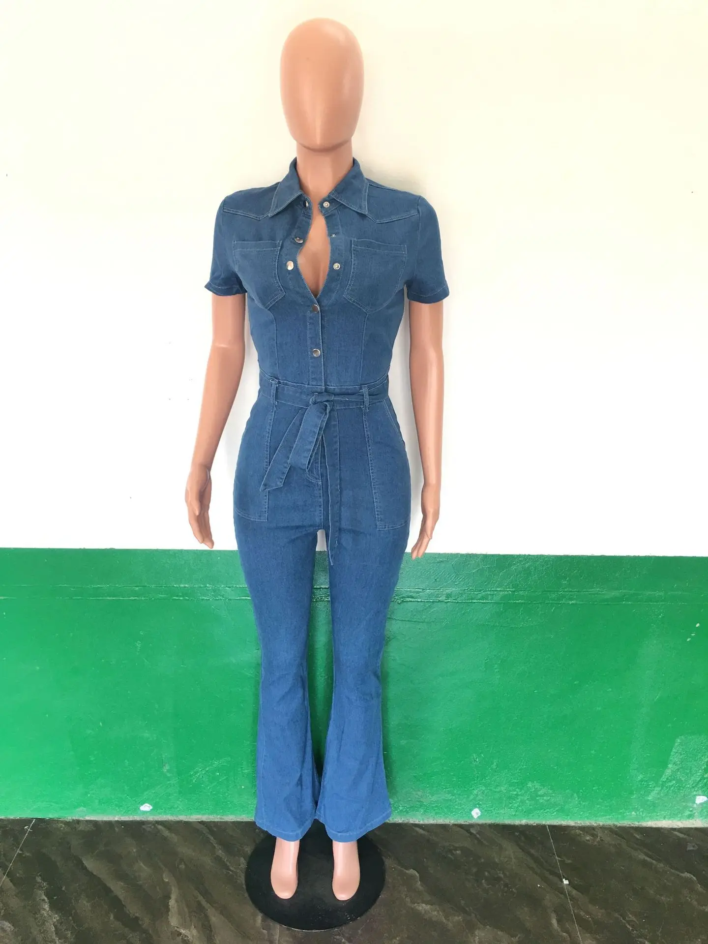 Wide Leg Denim Jumpsuit Sexy Women Turn Down Collar Elegant  Jeans Casual Romper Overalls