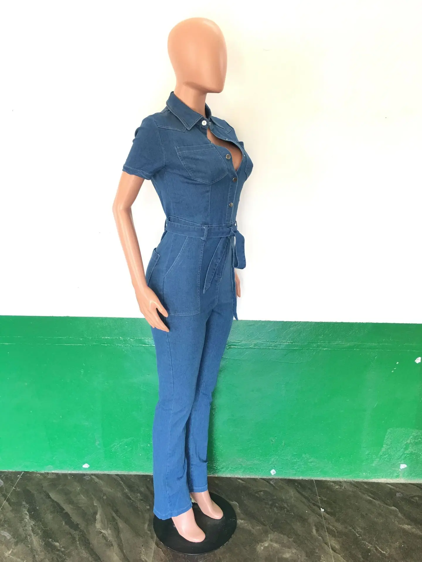 Wide Leg Denim Jumpsuit Sexy Women Turn Down Collar Elegant  Jeans Casual Romper Overalls