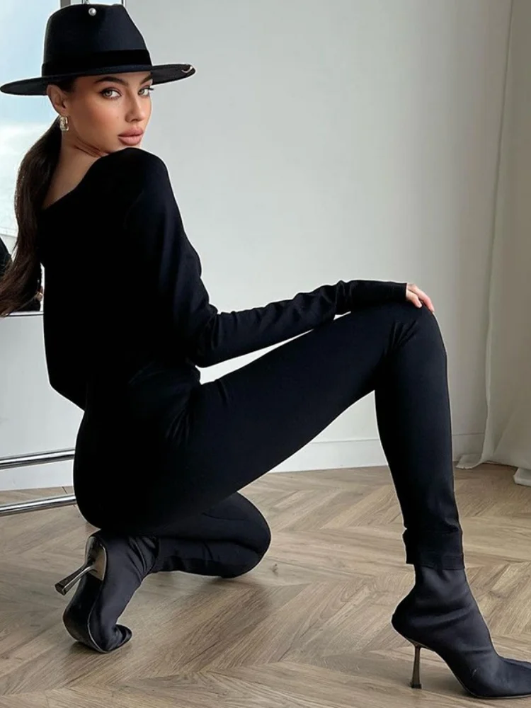 Black Jumpsuit One Piece Outfit Women Square Collar Overalls Bodycon Combinaison Femme Long Sleeve Overol Mujer Sexy Bodysuit