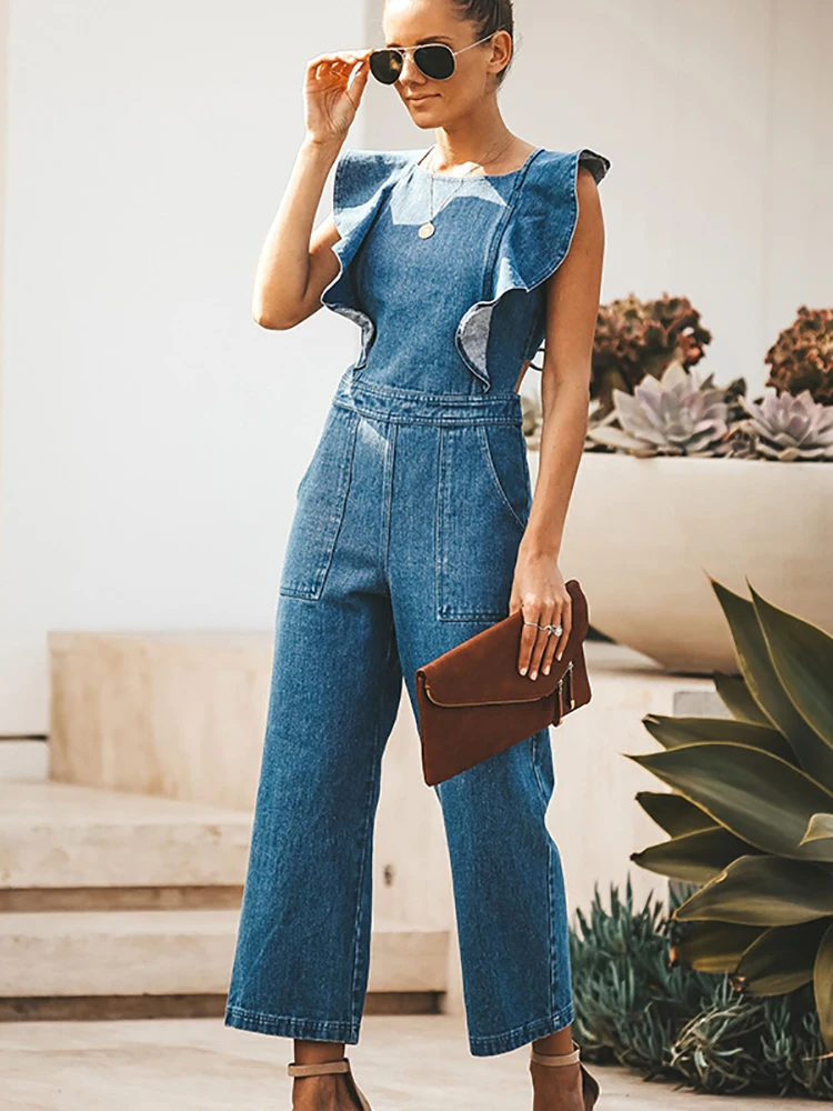 Fitshinling Backless Denim Jumpsuit Women Clothing Ruffles Sexy Summer Denim Overalls Fashion Slim Blue Long Outfits Streetwear