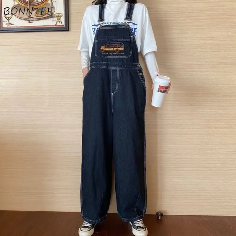 Jumpsuits Women Cartoon Embroidery Fashion Denim Suspender Harajuku Retro Wide Leg Baggy Cowboy New BF Unisex Cute Chic Student