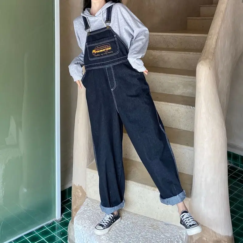 Jumpsuits Women Cartoon Embroidery Fashion Denim Suspender Harajuku Retro Wide Leg Baggy Cowboy New BF Unisex Cute Chic Student