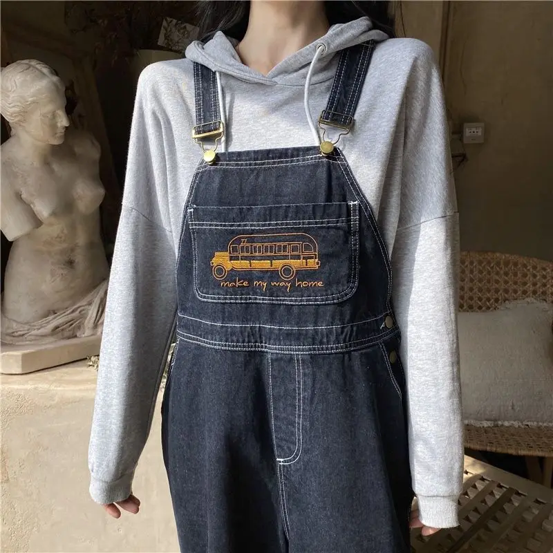 Jumpsuits Women Cartoon Embroidery Fashion Denim Suspender Harajuku Retro Wide Leg Baggy Cowboy New BF Unisex Cute Chic Student