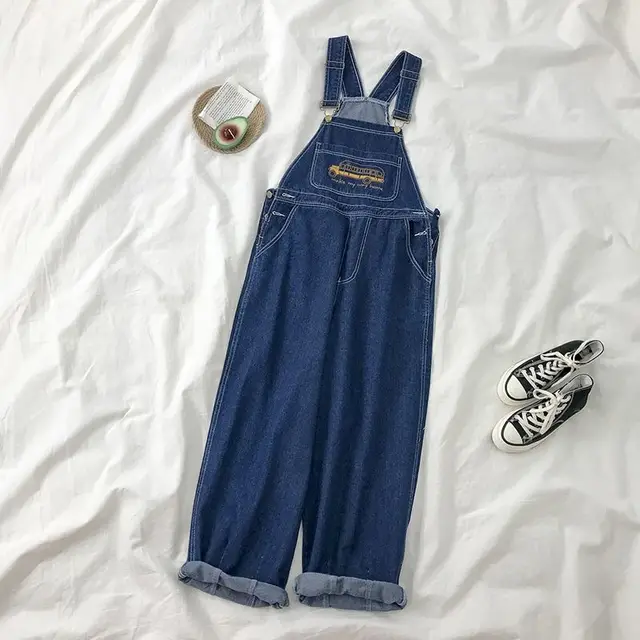 Jumpsuits Women Cartoon Embroidery Fashion Denim Suspender Harajuku Retro Wide Leg Baggy Cowboy New BF Unisex Cute Chic Student