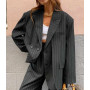 Women Blazer Striped V Neck Pockets Long Sleeve Single Breasted Long Jacket Coats