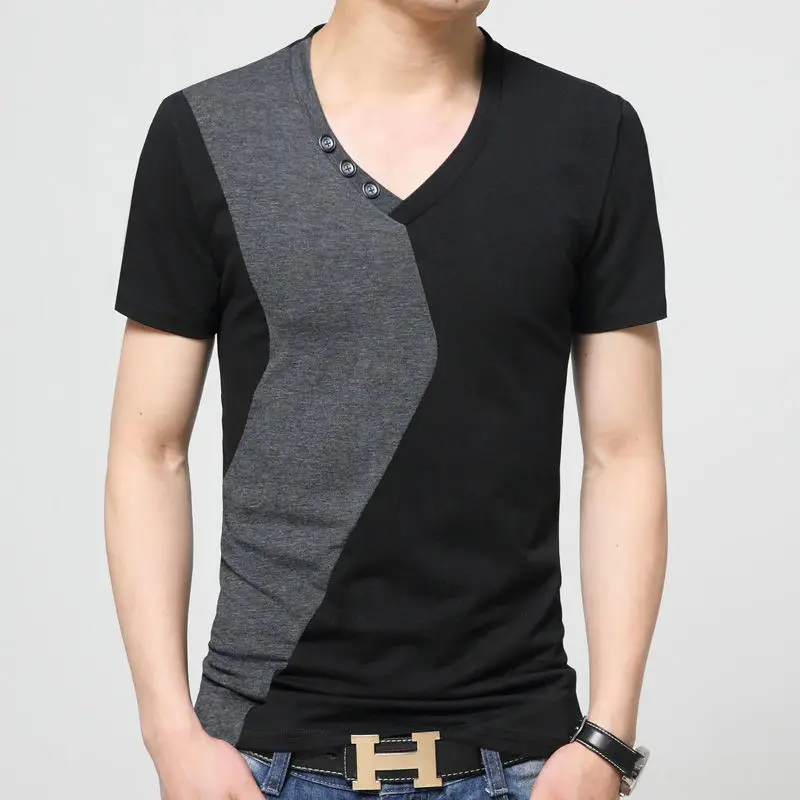 Men Contrast Color Short Sleeve Cotton T-shirt Basic Male Clothes V-Neck Slim Bottoming Casual Tops