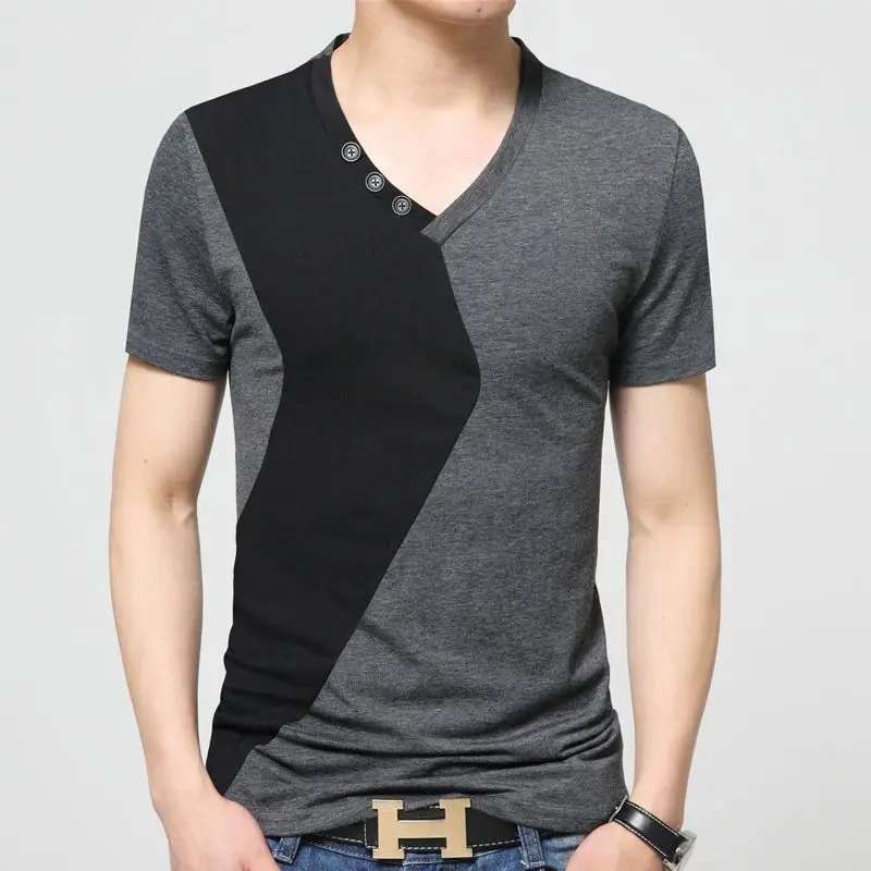 Men Contrast Color Short Sleeve Cotton T-shirt Basic Male Clothes V-Neck Slim Bottoming Casual Tops