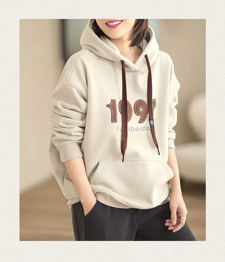 Women Embroidery Solid Color Loose Top Literary Casual Letters Flocking Craft Hooded Sweatshirt