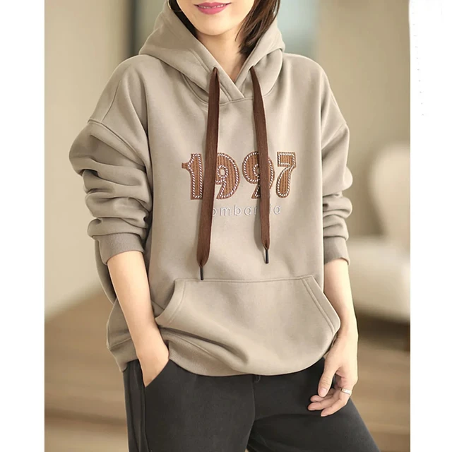 Women Embroidery Solid Color Loose Top Literary Casual Letters Flocking Craft Hooded Sweatshirt