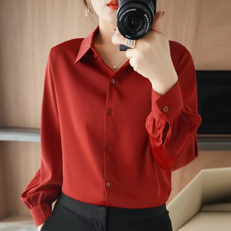 Women Silk Cardigan Lapel New Solid Satin Long Sleeve Shirts