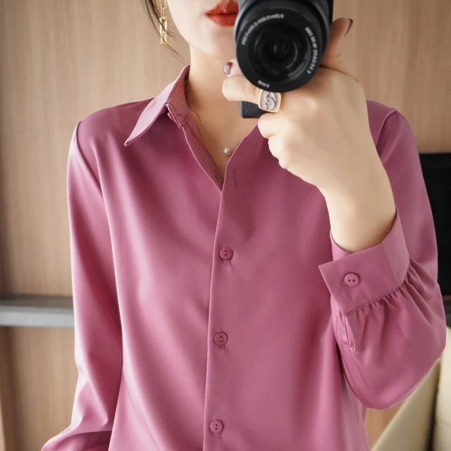 Women Silk Cardigan Lapel New Solid Satin Long Sleeve Shirts