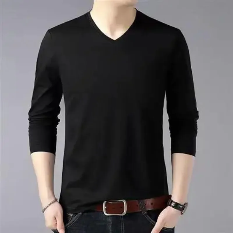Men Basic Long Sleeve T-Shirts Streetwear Fashion New Slim V-Neck Versatile Clothes Casual Bottoming Tops