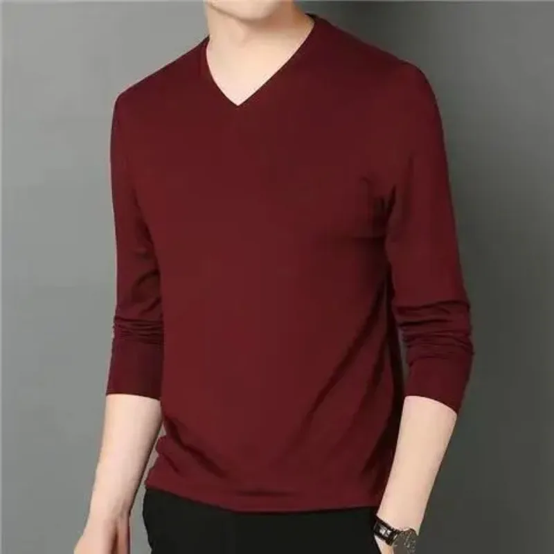 Men Basic Long Sleeve T-Shirts Streetwear Fashion New Slim V-Neck Versatile Clothes Casual Bottoming Tops