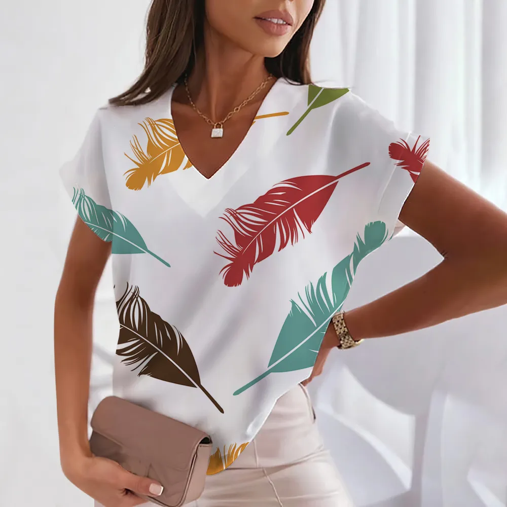 3d Women's T-shirts V Neck Summer Short Sleeve Tops Tees Feather Graphics Ladies Clothes Oversized Female Fashion Y2k Streetwear