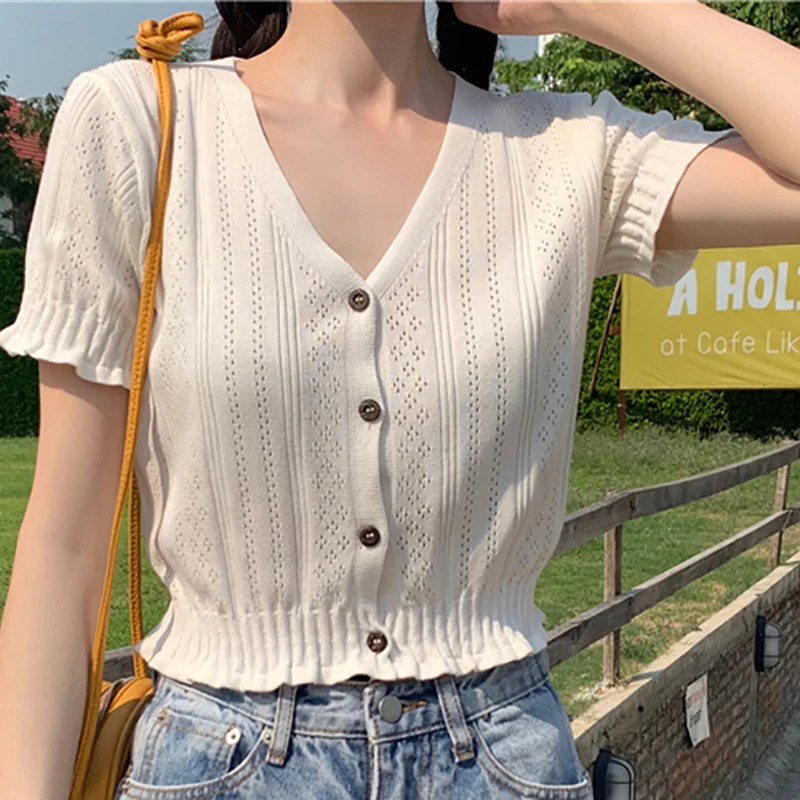 Women Knitted Hollow Out T-shirts V-Neck Button Up Tops Short Sleeve Tees Casual T-Shirts For Women  Summer