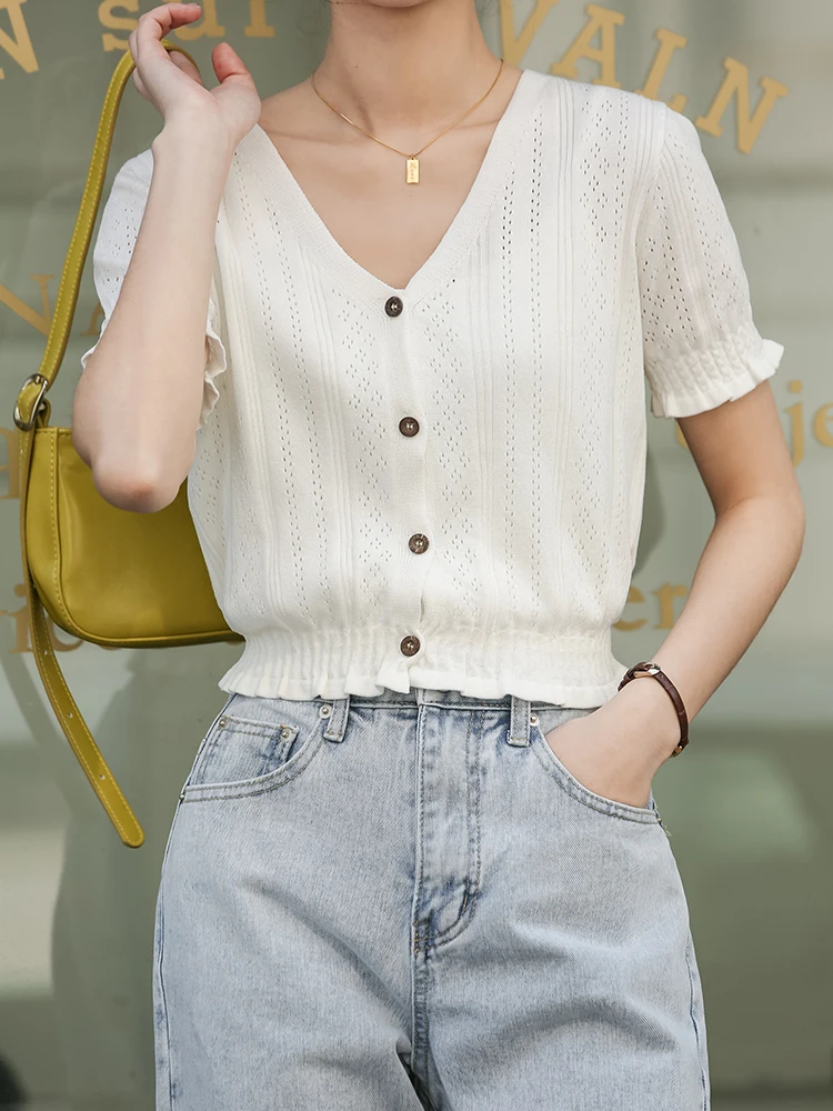 Women Knitted Hollow Out T-shirts V-Neck Button Up Tops Short Sleeve Tees Casual T-Shirts For Women  Summer