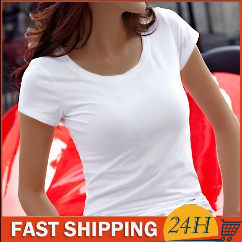 Solid Basic Short Sleeve Womens Tshirt Casual Black White Fashion Crop Top T Shirt Ladies Fashion Korean Tee Shirt O-V Neck