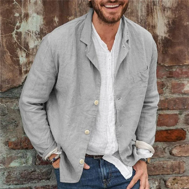 Men's Long Sleeve Button Pocket Thin Linen Streetwear Casual Jacket Coats S-3XL