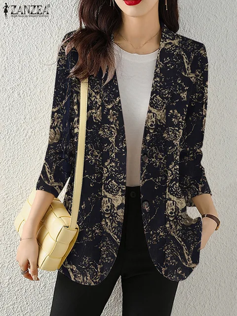 Women Autumn Blazer Retro Printed Coats Casual Long Sleeve Floral Outerwear ZANZEA Female Single Button Lapel Jackets Oversize