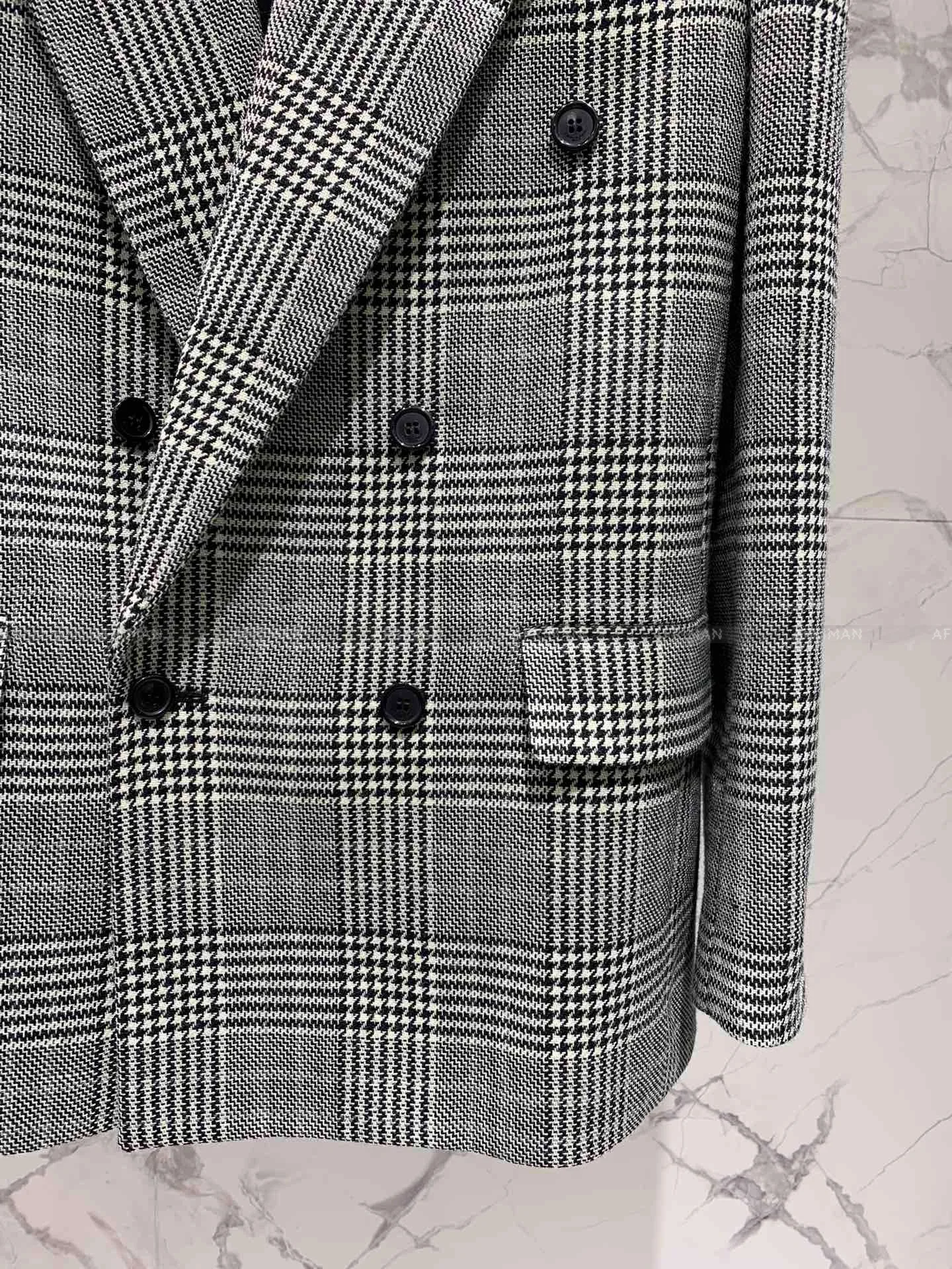 Women Classic Plaid Jacquard Wool Double Breasted Oversized Blazer Suit Jacket