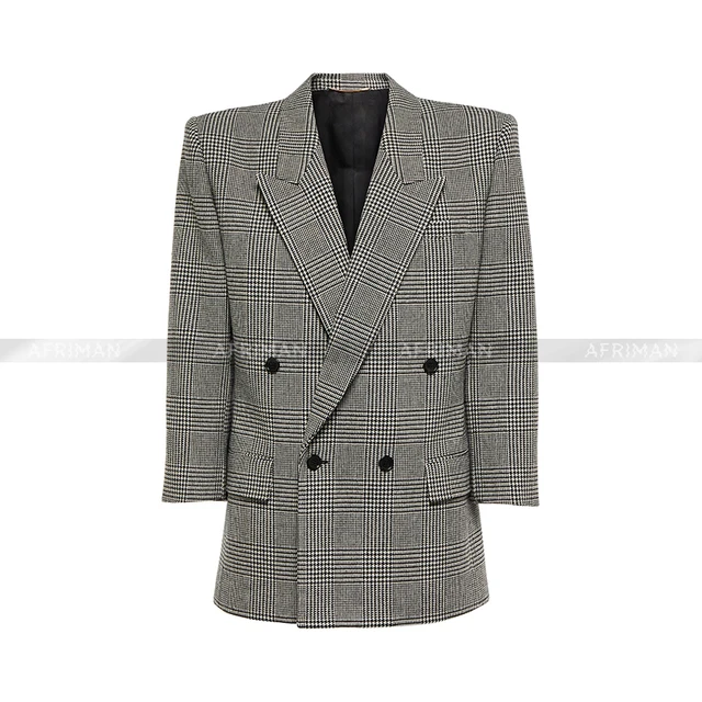 Women Classic Plaid Jacquard Wool Double Breasted Oversized Blazer Suit Jacket