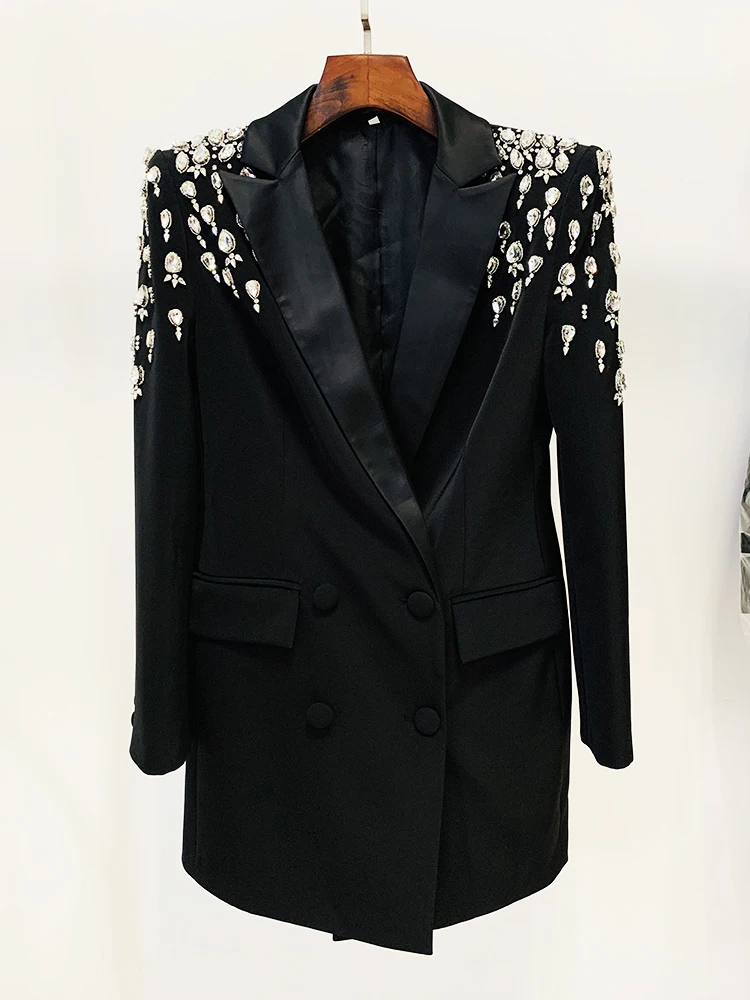 Designer Jacket Women's Double Breasted Rhinestone Diamonds Beaded Long Blazer Dress