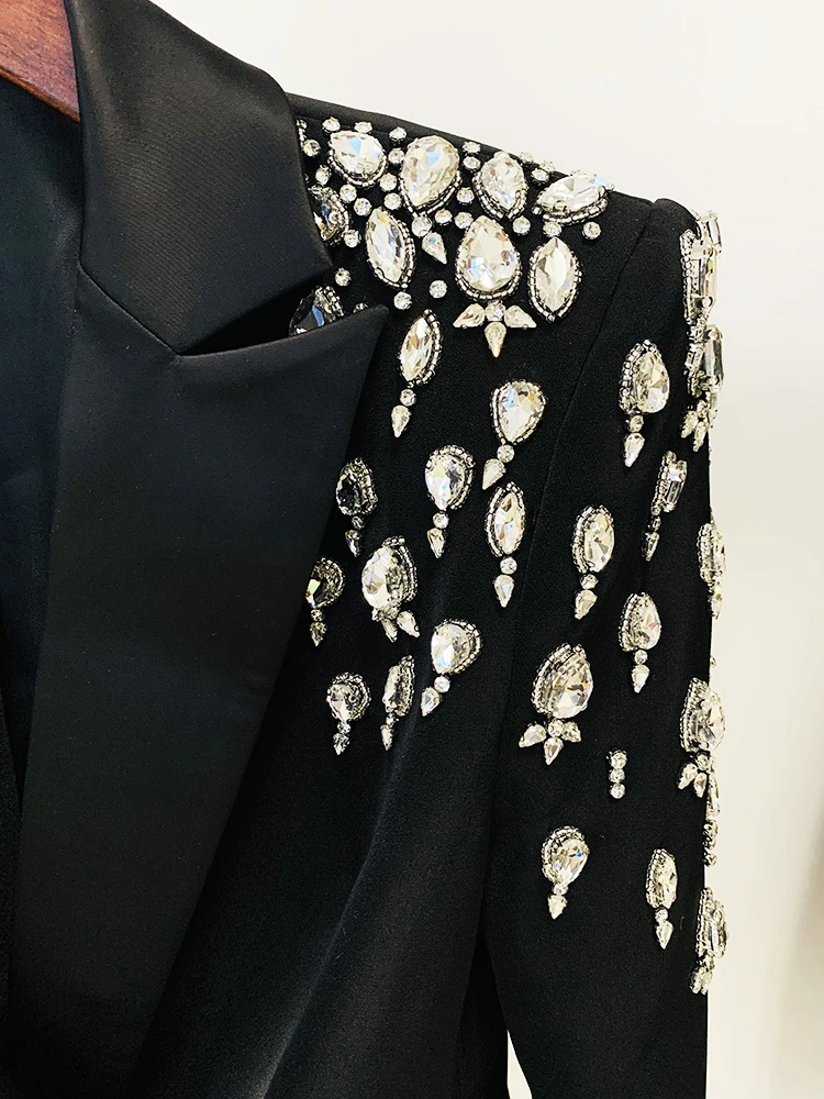 Designer Jacket Women's Double Breasted Rhinestone Diamonds Beaded Long Blazer Dress