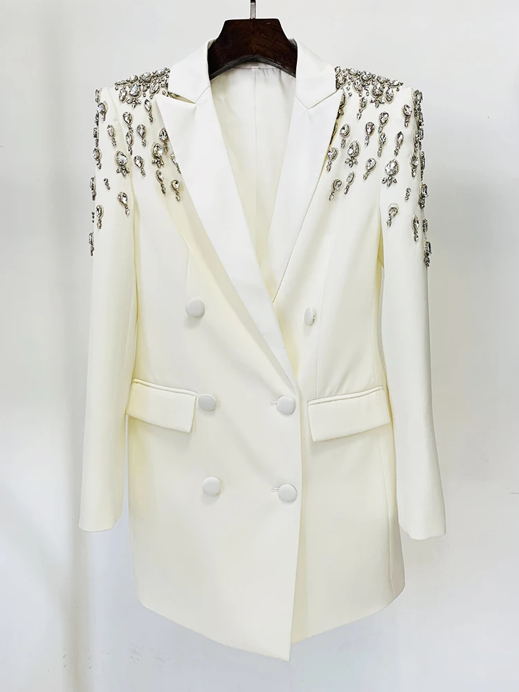 Designer Jacket Women's Double Breasted Rhinestone Diamonds Beaded Long Blazer Dress