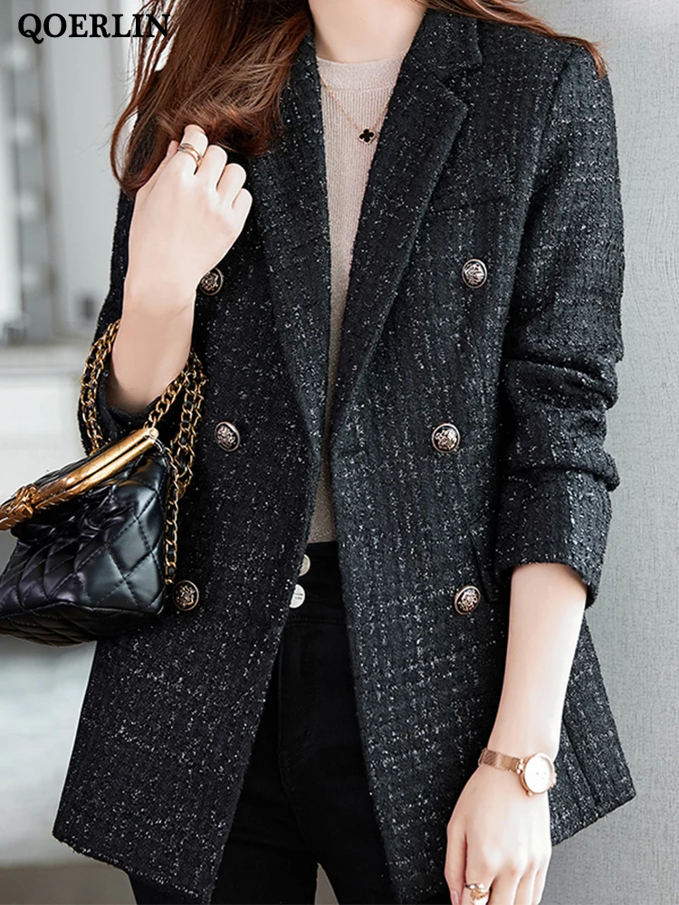 Women Winter Tweed Blazer Coat Thick Warm Nothced Collar Long Sleeve Slim Elegant Jacket Coat Double-Breasted Overcoat