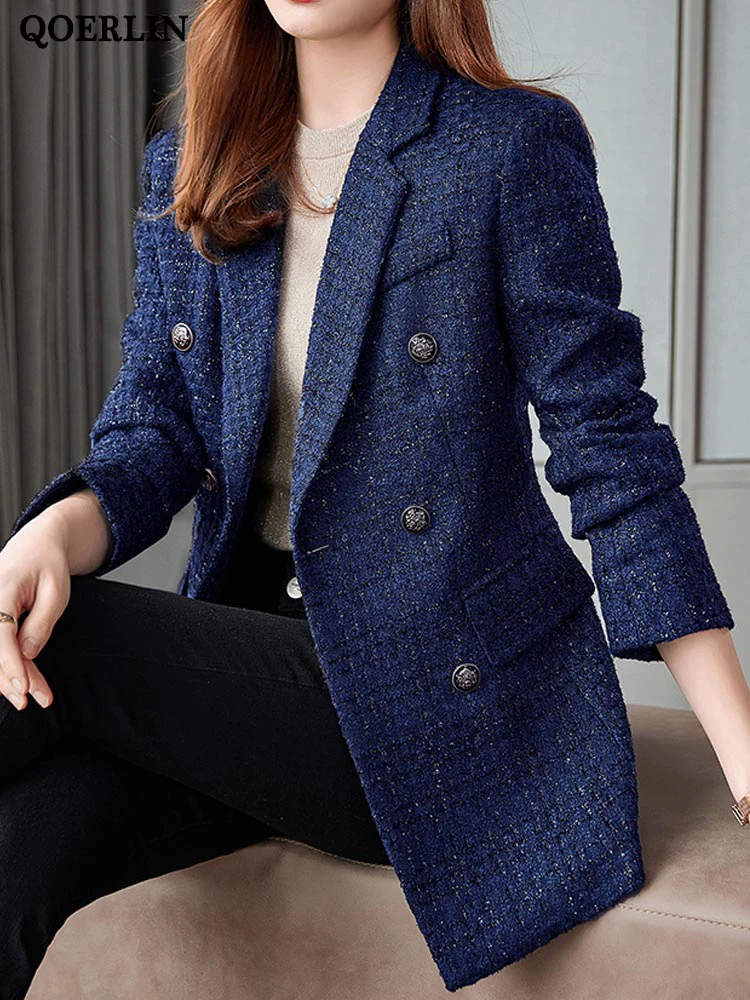 Women Winter Tweed Blazer Coat Thick Warm Nothced Collar Long Sleeve Slim Elegant Jacket Coat Double-Breasted Overcoat