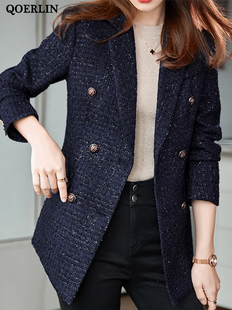 Women Winter Tweed Blazer Coat Thick Warm Nothced Collar Long Sleeve Slim Elegant Jacket Coat Double-Breasted Overcoat